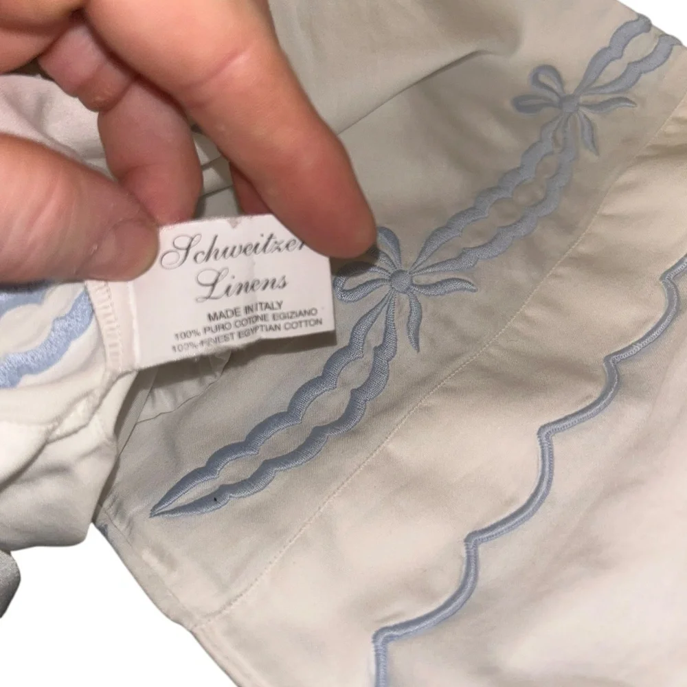 Schweitzer Linens powder blue white embroidered bow ties neck roll pillow cover